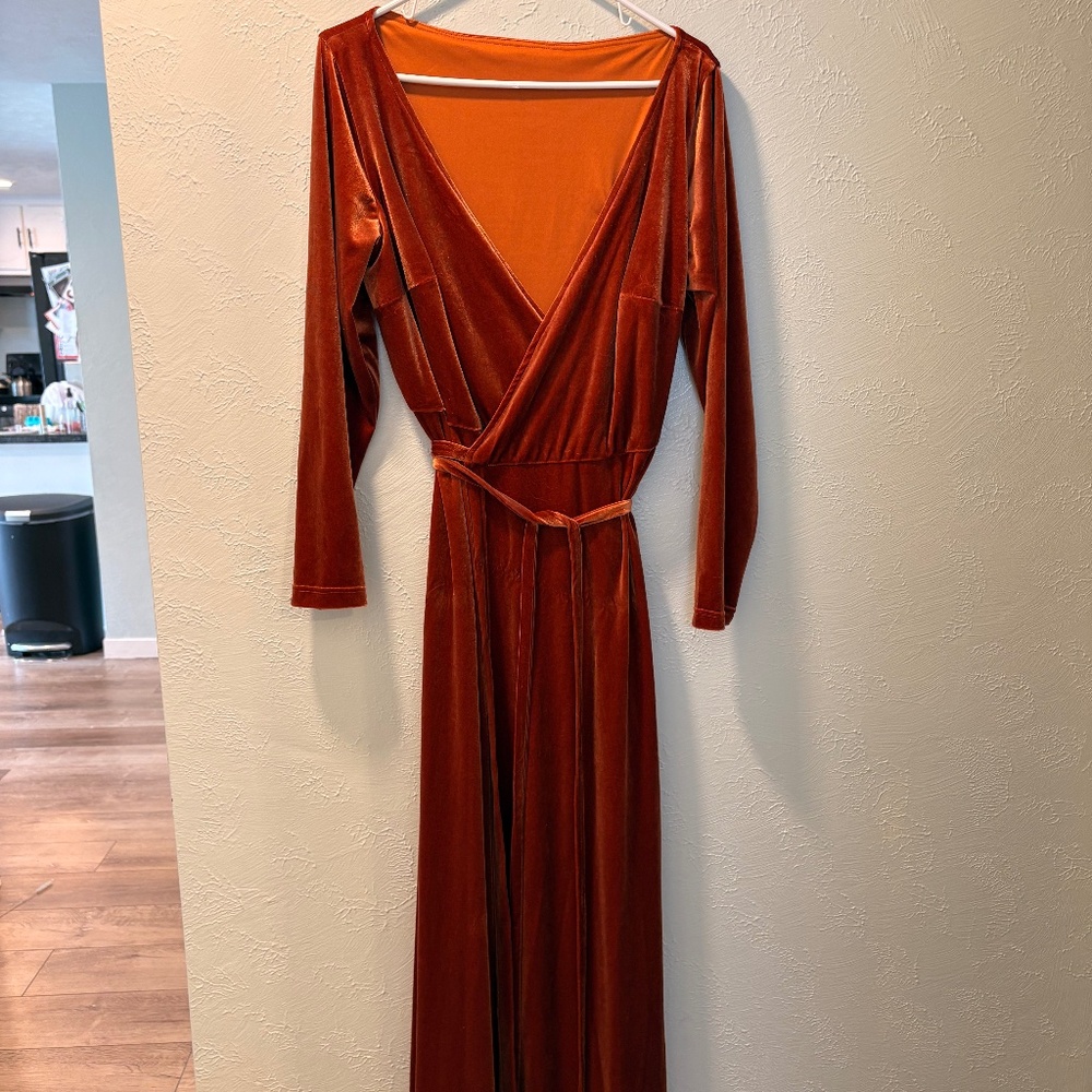 Burnt orange long sleeve velvet wrap dress